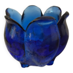 Vase en verre moul sur pieds bleu cobalt forme boule corolle vintage des annes 60