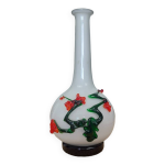 Vase verre souffle murano, verre blanc et dcor floral vert et rouge
