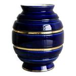 Vase vintage en cramique bleu cobalt brillant, lisers dors