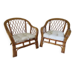 Vintage - lot de 2 fauteuils en bambou et rotin tress avec coussins - couleur naturel - annes 80
