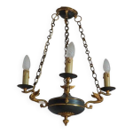 Vintage french empire swan chandelier: bronze brass toleware, c1950s