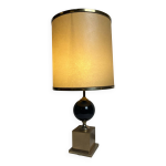 Vintage, lampe pied m�tal dor� et laque noire abat - jour vers 1970