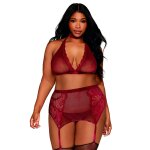 Dreamgirl ensemble 4 pices grande taille soutien gorge, tour de cou, string et porte jarretelles rouge ...