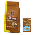 18kg medium / maxi adult poulet, riz ultima croquettes pour chien + 180g friandises offertes !