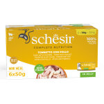 Lot �conomique 24x50g thon avec poulet schesir complete nutrition en gel�e p�t�e pour chat