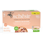 Lot �conomique 24x50g thon avec saumon schesir complete nutrition en gel�e p�t�e pour chat