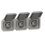 Triple prise de courant pr�c�bl�e plexo 3x2p + t horizontale legrand 069564 gris