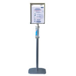 Poteau 158 cm distributeur 1 face bouteilles gel + cadre pancarte a3 portrait ou paysage gris clair Poteau 158 cm distributeur 1 face bouteilles gel + cadre pancarte a3 portrait ou paysage gris clair