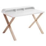 Bureau d�sign m�lamin� laqu� blanc et pieds bois fr�ne massif 120x79