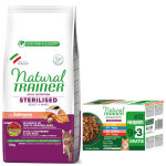 10kg sterilised au saumon natural trainer croquettes pour chat + 12x85g natural trainer nourriture humide ...