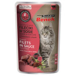 Super benek sans c�r�ales filets cuits � la vapeur 28 x 85 g pour chat - boeuf, tomates en sauce