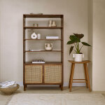 Biblioth�que en bois de manguier finition noyer et cannage