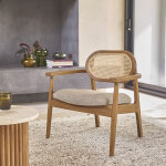 Fauteuil en teck massif, cannage et tissu