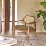 Fauteuil en teck massif, cannage et tissu velours c�tel�