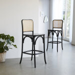 Lot de 2 tabourets de bar en acajou massif et cannage noir