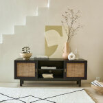 Meuble tv en bois massif et cannage 140 cm