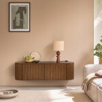 Meuble tv suspendu en bois massif finition noyer 140 cm