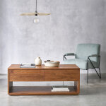 Table basse en bois massif 120 cm 2 tiroirs