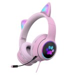 Akz - 022 usb + 3. 5mm port cat design casque � led pliable avec mic (rose)