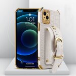 Étui en cuir à motif de crocodile tpu galvanoplié avec sangle de poignet pour iphone 13 pro (blanc) Étui en cuir à motif de crocodile tpu galvanoplié avec sangle de poignet pour iphone 13 pro (blanc)