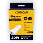 Konrow kcc20acw - adaptateur allume - cigare 1 port usb a & 1 port usb type c - charge rapide 20w, blanc ...