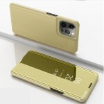 Miroir plated miroir horizontal flip cuir case avec support pour iphone 13 pro (gold)