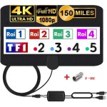 Antenne tv intrieur puissante - 280km antenne hdtv 4k 1080p avec amplicateur de signal antenne tnt interieur ...