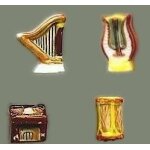 Fèves instruments de musique : bandonéon, harpe, piano et tambour. 1998 Fèves instruments de musique : bandonéon, harpe, piano et tambour. 1998