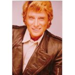 Photo 9 x 13 cm johnny hallyday blond souriant blouson cuir marron et chemise blanche ann�es 70