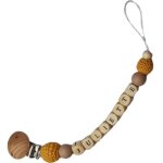 Attache sucette en bois beige et moutarde (personnalisable)