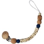 Attache sucette en bois camel et bleu nuit (personnalisable)