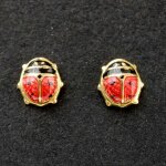 Boucles d'oreilles coccinelle �maill�e rouge et noir (or jaune 375�)