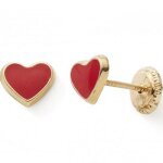 Boucles d'oreilles coeur rouge (or jaune 375)