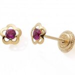 Boucles d'oreilles fleur rouge (or jaune 375)