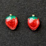 Boucles d'oreilles fraise �maill�e rouge et vert (or jaune 375�)