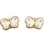 Boucles d'oreilles papillon émaillé blanc à pois rose (or jaune 375°) Boucles d'oreilles papillon émaillé blanc à pois rose (or jaune 375°)