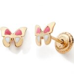 Boucles d'oreilles papillon laqué rose et blanc (or jaune 9 carats) Boucles d'oreilles papillon laqué rose et blanc (or jaune 9 carats)