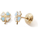 Boucles d'oreilles � vis tr�fle bleu - blanc (or jaune 375�)