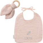 Set de naissance bavoir et anneau de dentition beige ros� (personnalisable)