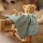 Doudou plat avec hochet ours celadon