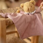 Doudou plat avec hochet ours vieux rose