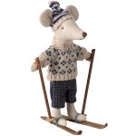 Papa souris en hiver et sa paire de skis bleu