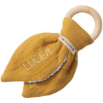 Anneau de dentition en bois jaune moutarde (personnalisable)