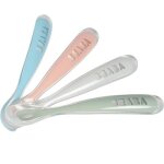 Lot de 4 cuillères en silicone 1er âge bleu, rose et gris Lot de 4 cuillères en silicone 1er âge bleu, rose et gris