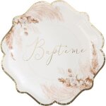 Lot de 8 assiettes en carton baptême pampas, fleurs de coton et or Lot de 8 assiettes en carton baptême pampas, fleurs de coton et or