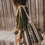 Sac cabas kaba mama love � rayures beige et noir