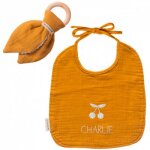 Set de naissance bavoir et anneau de dentition jaune moutarde (personnalisable)