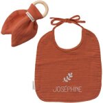 Set de naissance bavoir et anneau de dentition terracotta (personnalisable)
