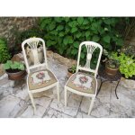 2 chaises anciennes dossier lyre bois peint tapisserie fait main.