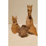 2 sculptures en loupe de bois , hibou et cheval, 11 et 20 cm
